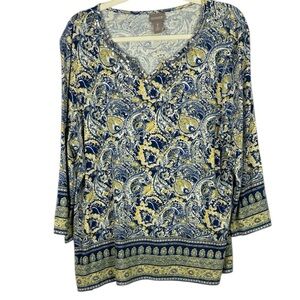Chico's Cotton Modal Blend Multicolor Paisley V-Neck 3/4 Sleeve XL Blouse